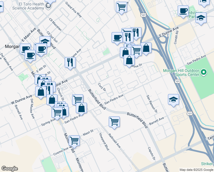 map of restaurants, bars, coffee shops, grocery stores, and more near 16761 San Luis Way in Morgan Hill