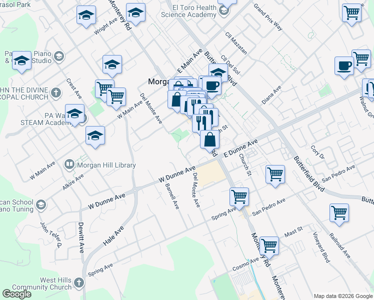 map of restaurants, bars, coffee shops, grocery stores, and more near 85 West 5th Street in Morgan Hill