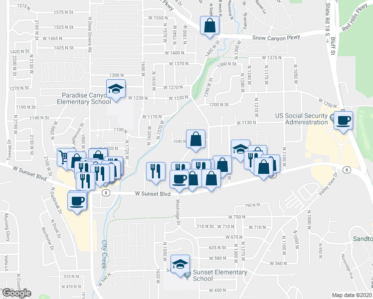 map of restaurants, bars, coffee shops, grocery stores, and more near 1003 Westridge Drive in Saint George