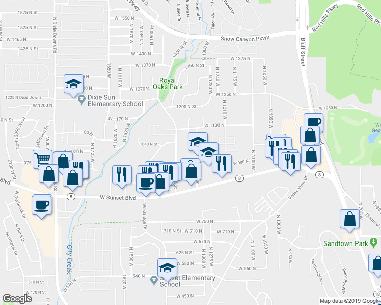 map of restaurants, bars, coffee shops, grocery stores, and more near 1066 1400 West Street in St. George