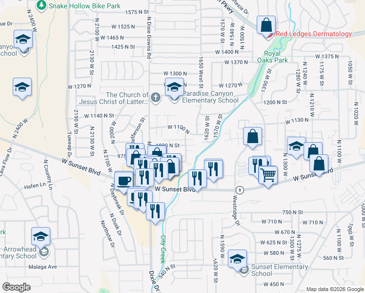 map of restaurants, bars, coffee shops, grocery stores, and more near 1077 North 1725 West in St. George