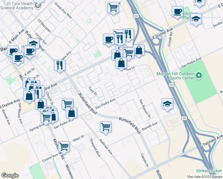 map of restaurants, bars, coffee shops, grocery stores, and more near 16968 Cory Drive in Morgan Hill