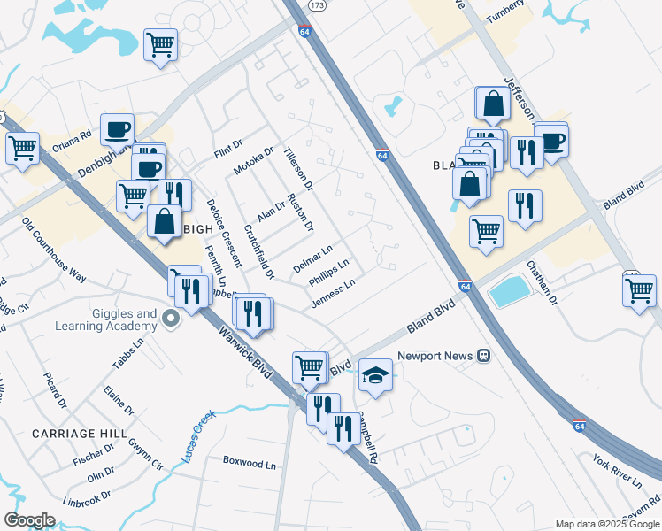 map of restaurants, bars, coffee shops, grocery stores, and more near 126 Delmar Lane in Newport News