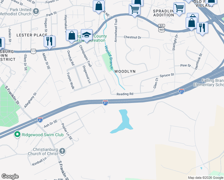 map of restaurants, bars, coffee shops, grocery stores, and more near 535-565 Reading Road in Christiansburg