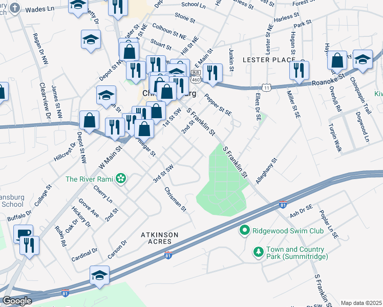 map of restaurants, bars, coffee shops, grocery stores, and more near 205 Hickok Street Southwest in Christiansburg