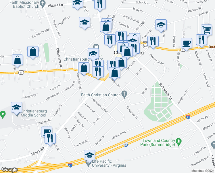 map of restaurants, bars, coffee shops, grocery stores, and more near 70 Chrisman Street in Christiansburg