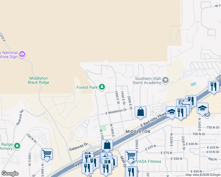 map of restaurants, bars, coffee shops, grocery stores, and more near 1052 North 1830 East Circle in St. George