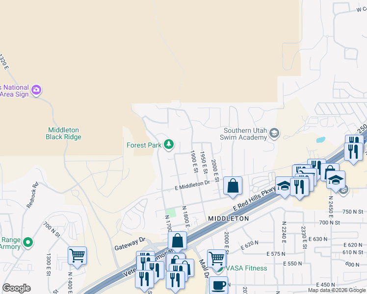map of restaurants, bars, coffee shops, grocery stores, and more near 1052 North 1830 East Circle in St. George