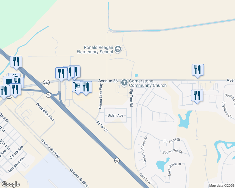 map of restaurants, bars, coffee shops, grocery stores, and more near 208 Fig Tree Rd in Chowchilla