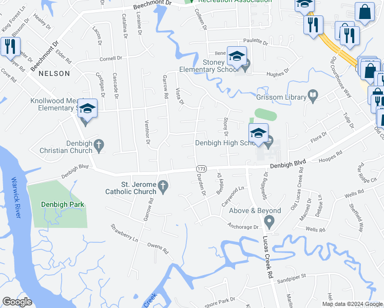 map of restaurants, bars, coffee shops, grocery stores, and more near 807 Darden Drive in Newport News