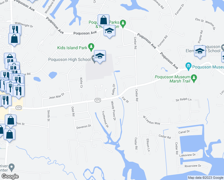 map of restaurants, bars, coffee shops, grocery stores, and more near 5 Kathy Drive in Poquoson