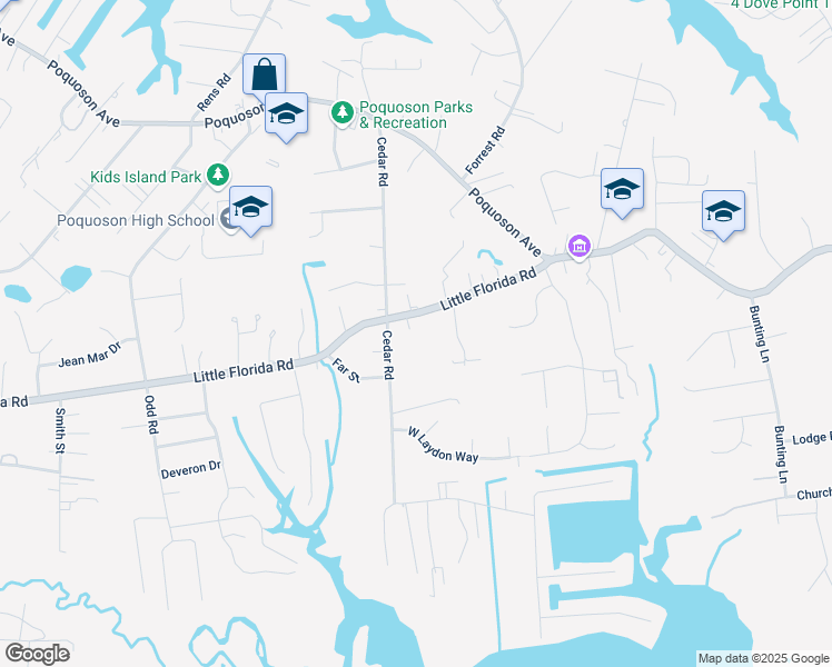 map of restaurants, bars, coffee shops, grocery stores, and more near 262 Little Florida Road in Poquoson