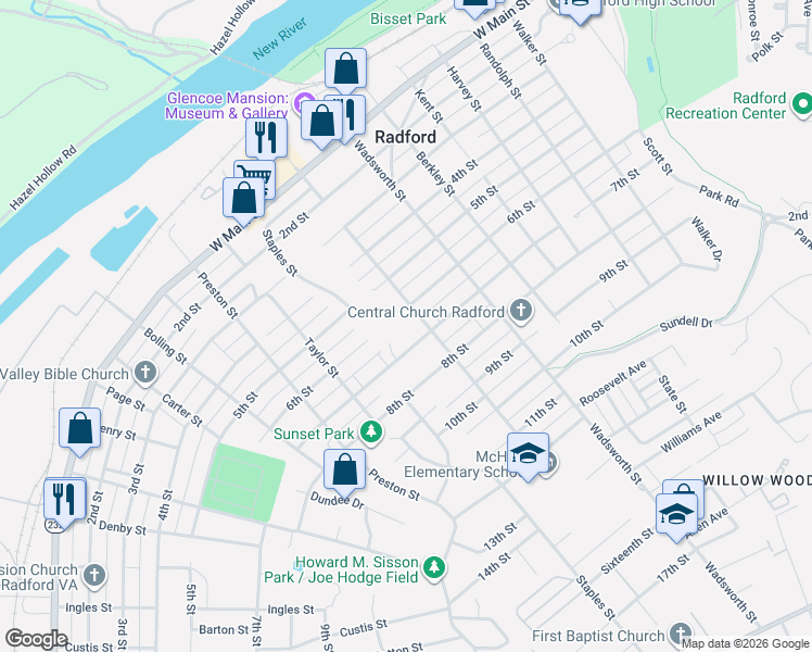 map of restaurants, bars, coffee shops, grocery stores, and more near 504 Robertson Street in Radford