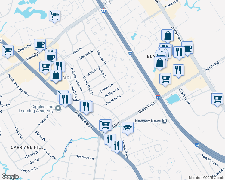map of restaurants, bars, coffee shops, grocery stores, and more near 126 Delmar Lane in Newport News