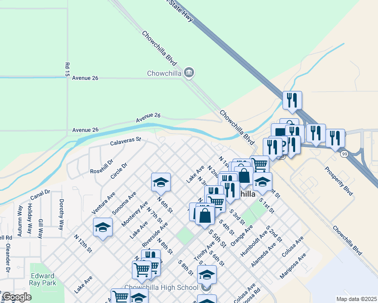 map of restaurants, bars, coffee shops, grocery stores, and more near 515 North 2nd Street in Chowchilla