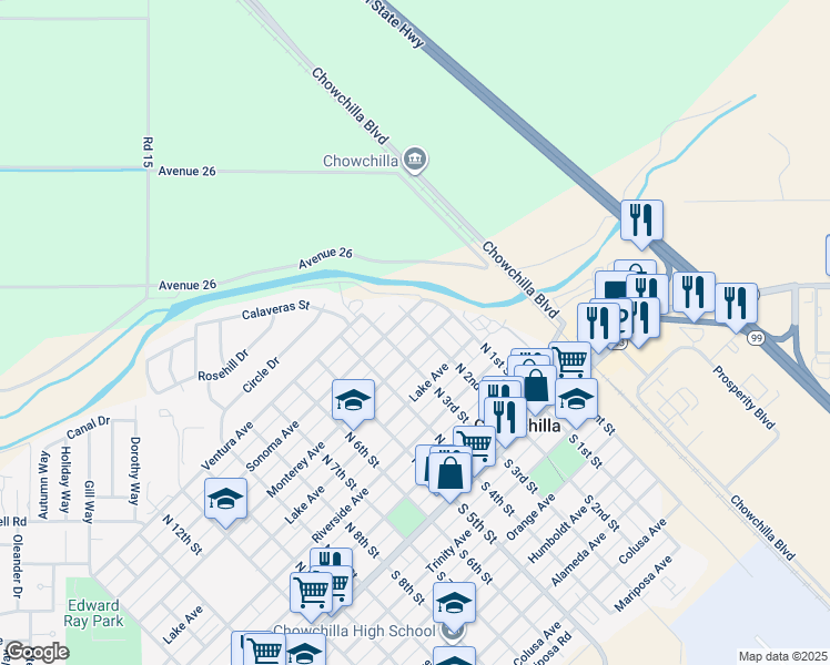 map of restaurants, bars, coffee shops, grocery stores, and more near 515 North 2nd Street in Chowchilla