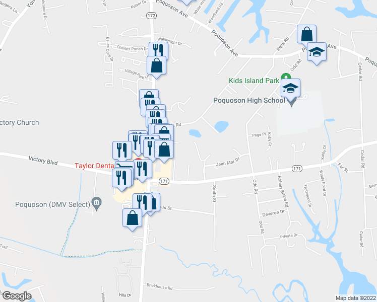 map of restaurants, bars, coffee shops, grocery stores, and more near 478 Wythe Creek Road in Poquoson