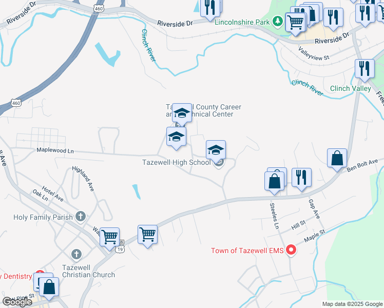 map of restaurants, bars, coffee shops, grocery stores, and more near 101 Parkview Drive in Tazewell