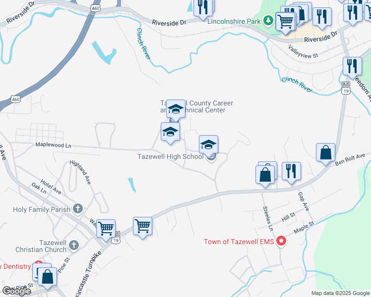 map of restaurants, bars, coffee shops, grocery stores, and more near 101 Parkview Drive in Tazewell