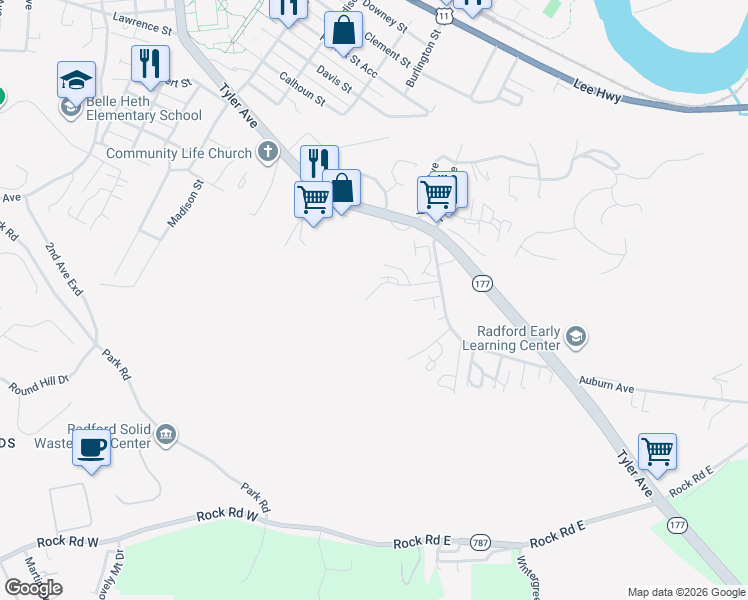 map of restaurants, bars, coffee shops, grocery stores, and more near 1400 Cedar Ridge Drive in Radford