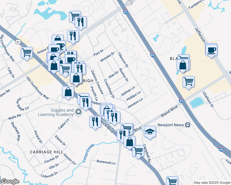 map of restaurants, bars, coffee shops, grocery stores, and more near 122 Ruston Drive in Newport News