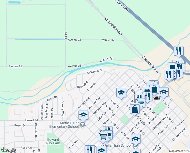map of restaurants, bars, coffee shops, grocery stores, and more near 519 Rosehill Drive in Chowchilla