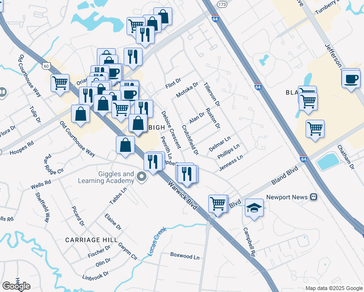 map of restaurants, bars, coffee shops, grocery stores, and more near 14212 Deloice Crescent in Newport News