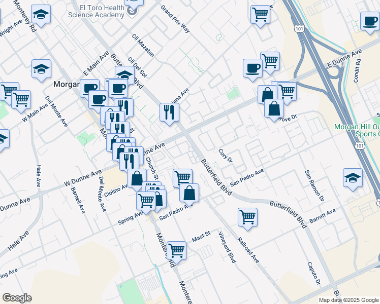map of restaurants, bars, coffee shops, grocery stores, and more near 310 East Dunne Avenue in Morgan Hill