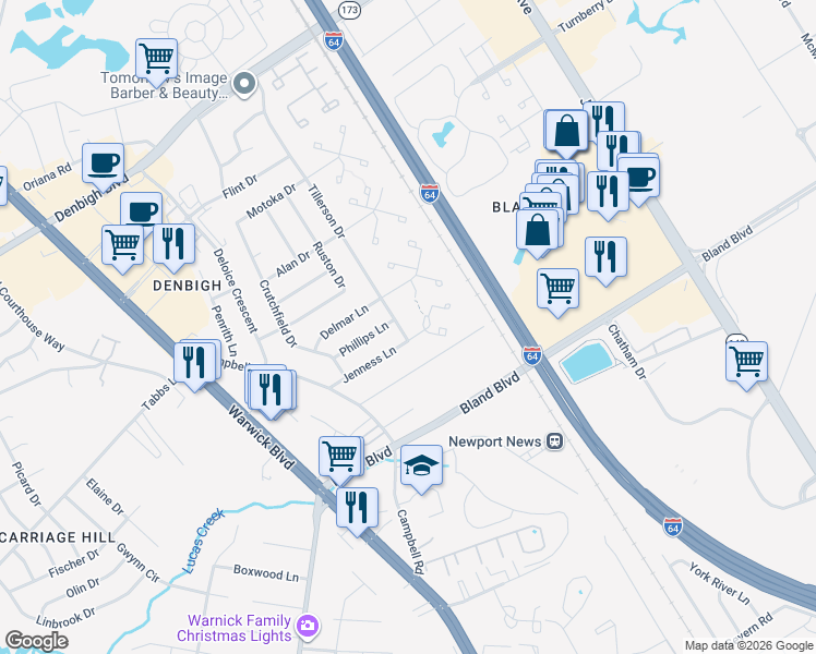 map of restaurants, bars, coffee shops, grocery stores, and more near 151 Jenness Lane in Newport News