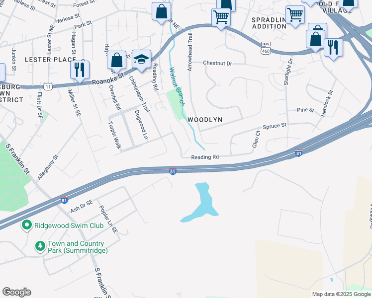 map of restaurants, bars, coffee shops, grocery stores, and more near 535-565 Reading Road in Christiansburg