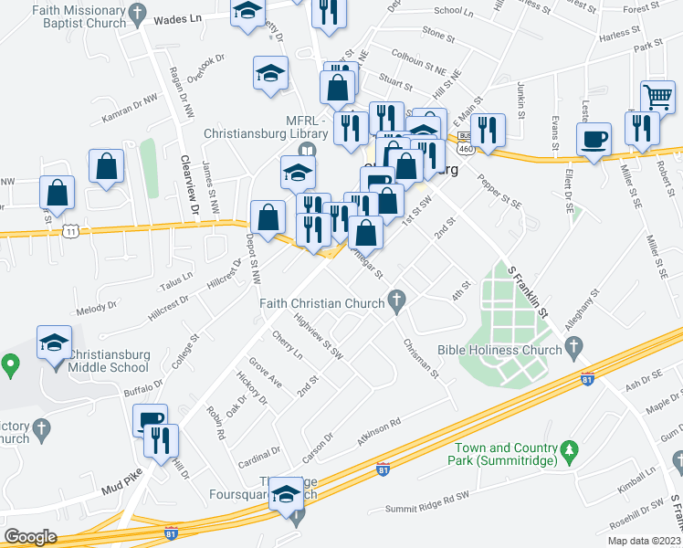 map of restaurants, bars, coffee shops, grocery stores, and more near 50 Chrisman Street in Christiansburg