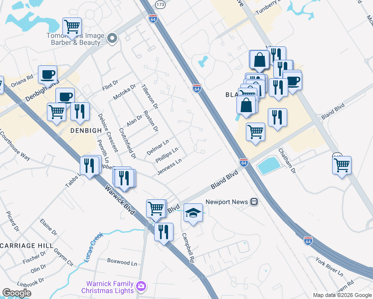 map of restaurants, bars, coffee shops, grocery stores, and more near 151 Jenness Lane in Newport News
