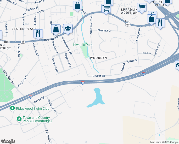 map of restaurants, bars, coffee shops, grocery stores, and more near 610 Reading Road in Christiansburg