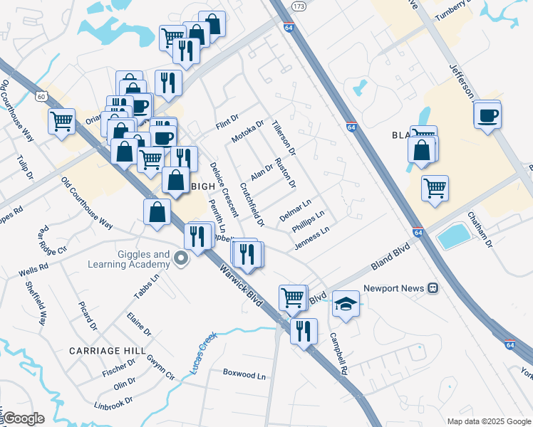 map of restaurants, bars, coffee shops, grocery stores, and more near 122 Ruston Drive in Newport News
