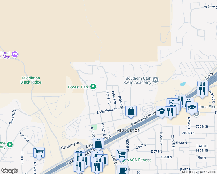 map of restaurants, bars, coffee shops, grocery stores, and more near 1912 East 1060 North Street in St. George