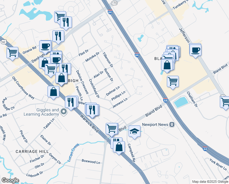 map of restaurants, bars, coffee shops, grocery stores, and more near 116 Delmar Lane in Newport News