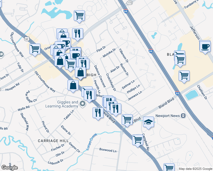 map of restaurants, bars, coffee shops, grocery stores, and more near 14212 Deloice Crescent in Newport News