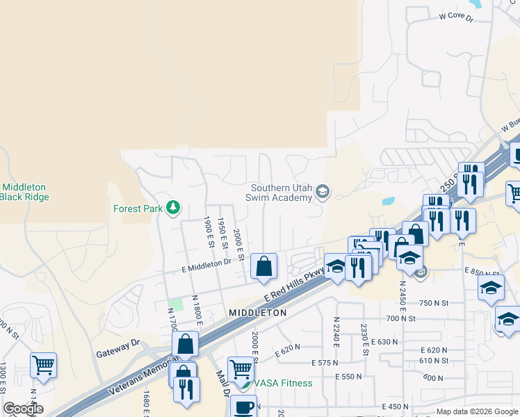 map of restaurants, bars, coffee shops, grocery stores, and more near 1033 North 2050 East in St. George