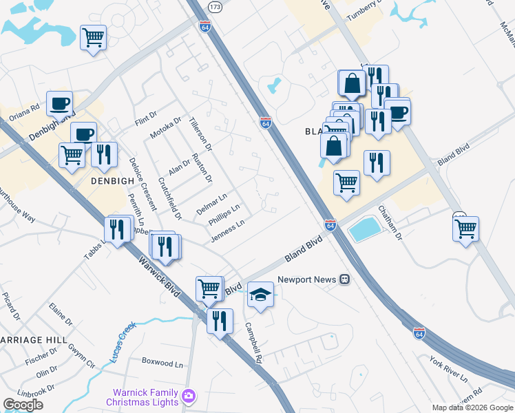 map of restaurants, bars, coffee shops, grocery stores, and more near 151 Jenness Lane in Newport News
