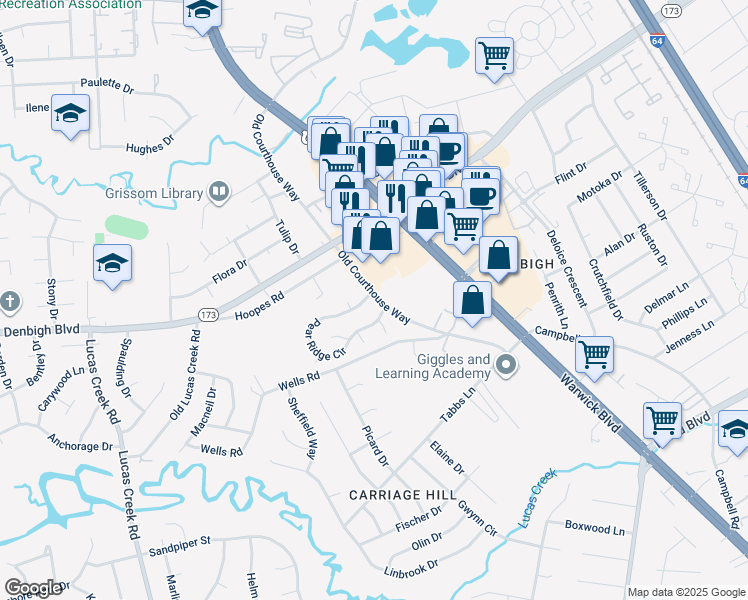 map of restaurants, bars, coffee shops, grocery stores, and more near 395 Pear Ridge Circle in Newport News