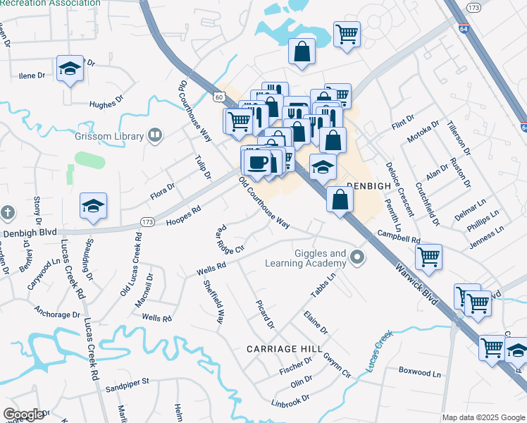 map of restaurants, bars, coffee shops, grocery stores, and more near 395 Pear Ridge Circle in Newport News