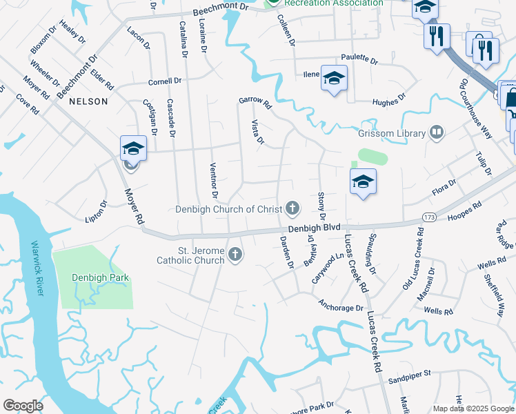 map of restaurants, bars, coffee shops, grocery stores, and more near 136 Venetia Court in Newport News