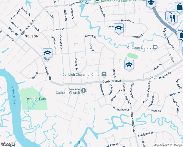 map of restaurants, bars, coffee shops, grocery stores, and more near 136 Venetia Court in Newport News