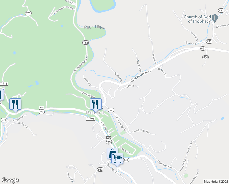 map of restaurants, bars, coffee shops, grocery stores, and more near 11498 Beech Street in Pound