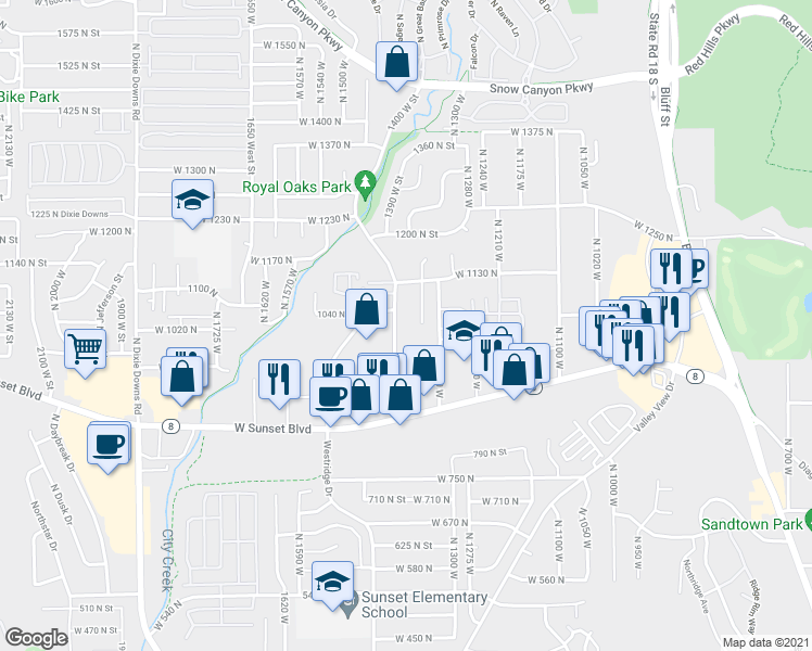 map of restaurants, bars, coffee shops, grocery stores, and more near 1066 1400 West Street in St. George
