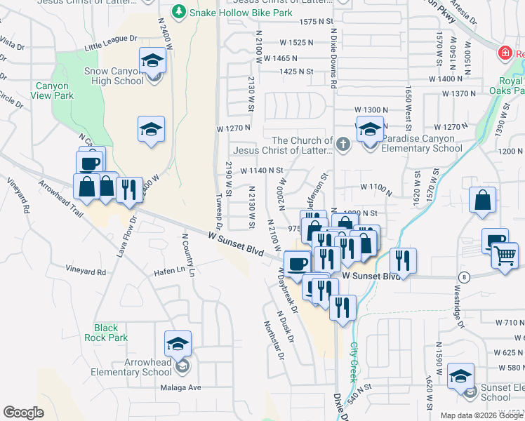 map of restaurants, bars, coffee shops, grocery stores, and more near 1027 North 2100 West in St. George