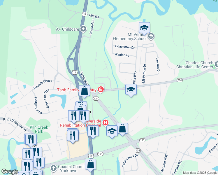 map of restaurants, bars, coffee shops, grocery stores, and more near 103 Myers Road in Yorktown