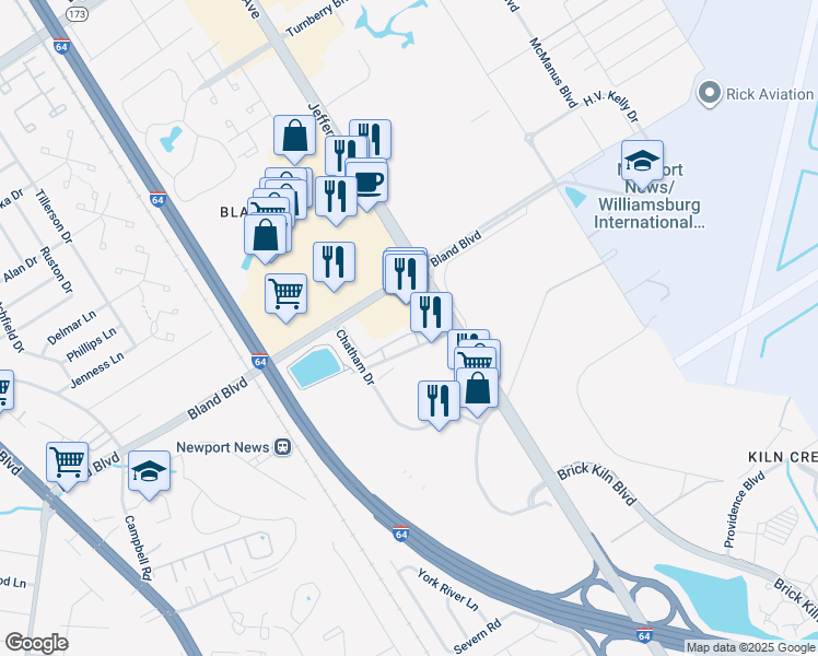 map of restaurants, bars, coffee shops, grocery stores, and more near 2400 Radius Way in Newport News