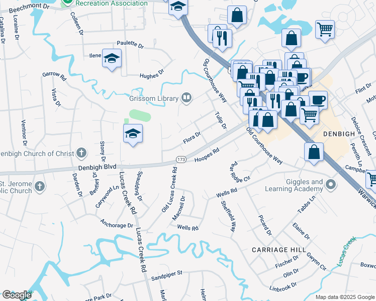 map of restaurants, bars, coffee shops, grocery stores, and more near 804 Quince Circle in Newport News