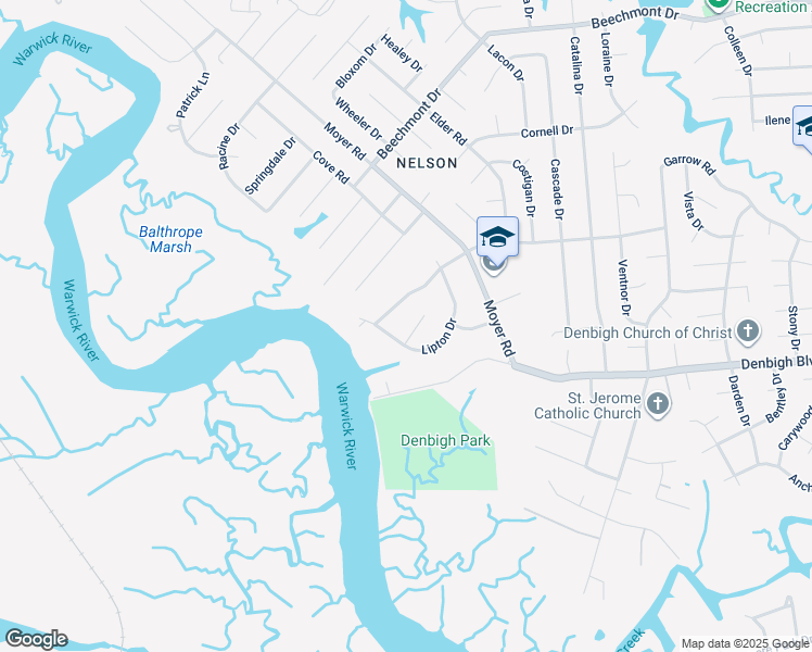 map of restaurants, bars, coffee shops, grocery stores, and more near 73 Gresham Circle in Newport News
